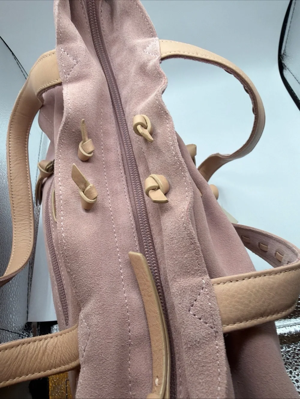 J Jill Suede Drawstring Shoulder Bag Taupe Pink Leather Trim Hobo Tote NWT